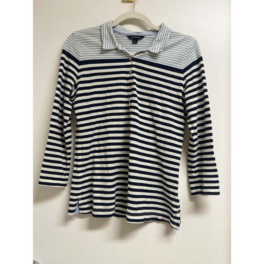 Lands End Women’s 100% Cotton Blue Striped Polo 3/4 Length Sleeve Small